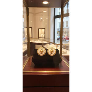 Gold Tone Lion Head Medallion Earrings White Enamel Vintage Statement NWT